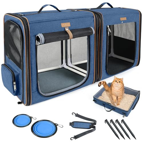 Lekeinchi Caja de transporte para perros 2 en 1, para mascotas medianas, caja de transporte plegable para gatos con marco de fibra fuerte, caja de arena para gatos, 2 cuencos, 2 alfombrillas para