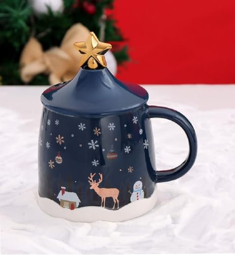 SuperglockT Süße Weihnachten Kaffeetasse 400ml Weihnachtstasse Trinkbecher mit Deckel und Löffel Cartoon Weihnachtsmotiv Muater Milchbecher für Frauen Freundin Kollege Mutter (Blau)