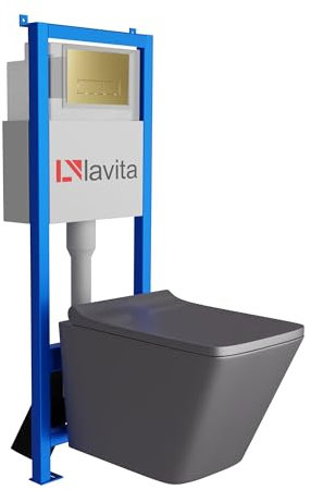 lavita Lavita LAV 101 elemento de pared para inodoro 40 cm + inodoro lavabo suspendido LAGO gris sin borde + panel de control LAV 200.3.5 dorado | Conjunto completo | Cisterna empotrada | Juego compl
