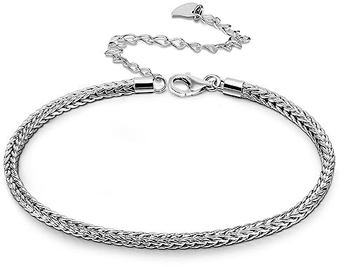 Dankadi Bracelet de Cheville en 925 Argent 3MM 4MM 4.5MM 5MM 6MM, Chaîne 27CM 30CM Chopin Torsadé Cubain Boîte Rolo Serpent Fermoir Figaro Cadeau Bijoux pour Femme