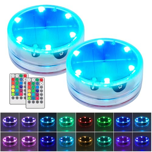 Solar Floating Pool Lights, 2 Pack Submersible LED Lights, RGB Color Changing Pool Floating Lights, Waterproof Pond Lights Underwater with Remote, Bath Lights for Pond,Hot Tub,Garden,Party Decoretion
