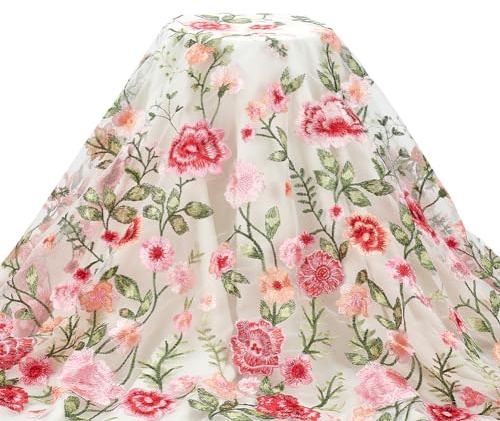 BENECREAT 1 Yard/90cm Blumen Tüll Stoff, 1cm Blumen Bestickter Mesh-Spitzenstoff Für Bekleidungszubehör Für Hochzeits-Schleier, Formelle Kleidung, Vorhang Wohnkultur, Weiß