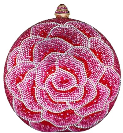 Boutique De FGG Bolso de mano redondo de flores para mujer, con cristales rosados, bolso de noche para fiesta, boda, mini, Fucsia, Mini