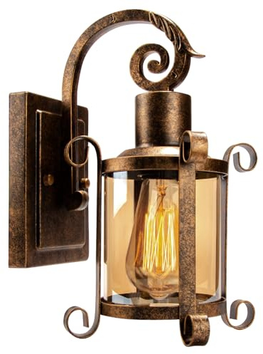 Plfann Rustikale Innen Bernstein Glas Wandleuchte 1-Pack, Bronze gebürstet, Vintage-Lampe Veranda Beleuchtung wasserdicht Retro-Lampe für Innen Schlafzimmer Wohnzimmer Outdoor（NO Bulb）