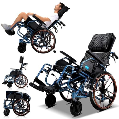 Bueuwe Rollstuhl Klappbarer Liegerollstuhl, 46cm Sitzbreite, Tragfähigkeit 150KG, Für Erwachsene, Behinderte, Ältere Menschen Rollstühle,Reiserollstuhl, Multifunktional Rollstuhl für die Wohnung