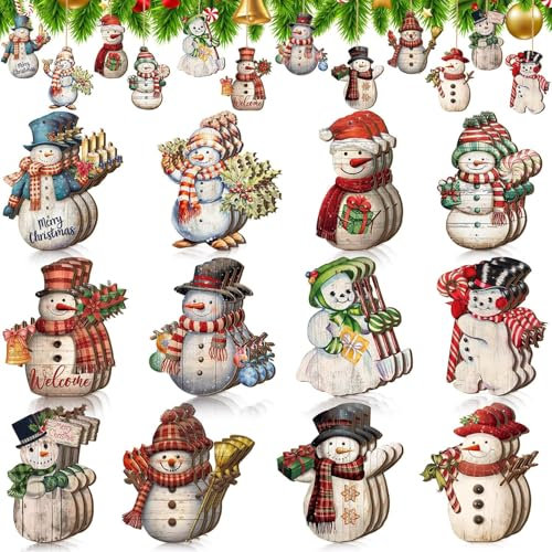 36 Stück rustikale Weihnachtsschmuck Schneemann Holz Ornamente Vintage Weihnachtsschmuck Schneemann Weihnachtsdekorationen Holz Ausschnitte für Zuhause Bauernhaus Weihnachten Baum Party (Bezaubernd)