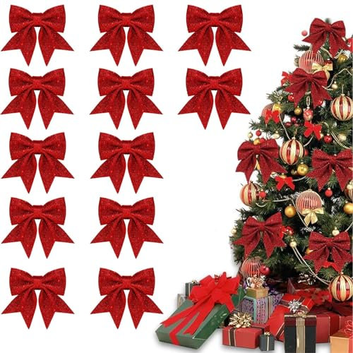 FiveMileBro Weihnachtsschleifen, Schleifen Weihnachten Glitzer, Weihnachtsbaum-Schleife, für Weihnachten Dekoration, Familienfeiern, Hochzeitsfeiern (12 Stück)