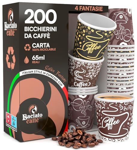Eurocali 200 Bicchierini in Carta per caffè 65ml Coffee Fantasy Bicchieri Riciclabili Piccoli Monouso Asporto Bevande Calde