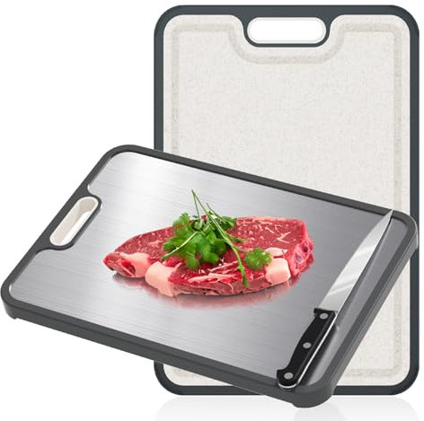 HI NINGER 2-in-1 Doppelseitiges Küchen Schneidebrett aus 304 Edelstahl in Lebensmittelqualität und PP, für Fleisch, Gemüse & Brot, leicht zu reinigen, mit Messer (38 × 27 cm)