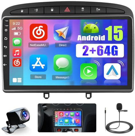2+64GB Android Autoradio för Peugeot 308, Peugeot 408 2007-2015 Trådlös CarPlay Android Auto, 9 Skärm Bluetooth Auto Radio Navi Backkamera WiFi FM RDS SWC