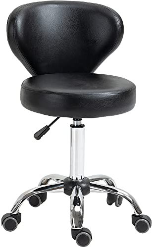 HOMCOM Rollhocker höhenverstellbar Drehhocker drehbar Salon Hocker mit Lehne, Rädern, Arbeitshocker für Büro, Wohnzimmer, Kunstleder, 45 x 54 x 73-88 cm, Schwarz