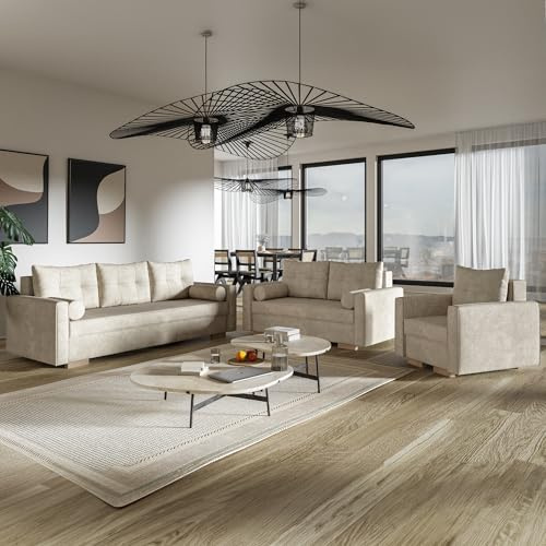 MOTIVENA Viena Samt Sofa Set 3-2-1 für Wohnzimmer, Taschenfederkern (H3) in Beige (Creme)