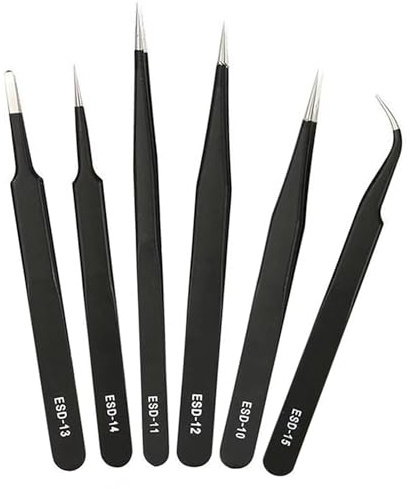 Juego de pinzas de precisión | 6 pinzas de acero inoxidable | Kit de pinzas antiestáticas | Juego de pinzas para laboratorio, electrónica, joyería y trabajo detallado