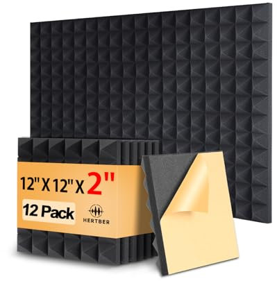 HERTBER 12 Pack Sound Proofing Panels, 12x12x2 Inch Acoustic Wall Panels, Self Adhesive Soundproofing Panels with Strong Glue, High Density Acoustic Panels for Sound Absorption and Echo Control
