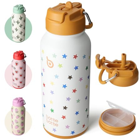 BOTTLE BOTTLE Gourde isotherme avec pilulier Bouteille isotherme de 900 ml Gourde sport en acier inoxydable pour l'extérieur, la randonnée (pop stellaire)