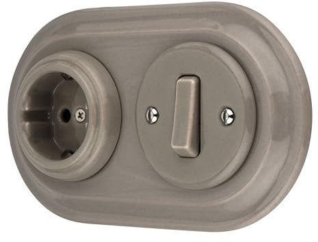 Unterputz Porzellan Retro Steckdose, Schalter, 2-fach, All-in-One, SET Serie PR1 graubeige