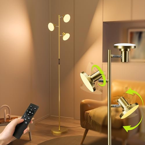 JACKYLED Stehlampe Wohnzimmer, 3-flammige LED Stehlampe, einzeln steuerbar mit Farb- und Helligkeitswechsel, Fernbedienung & Tastensteuerung für Büro & Schlafzimmer (Gold)