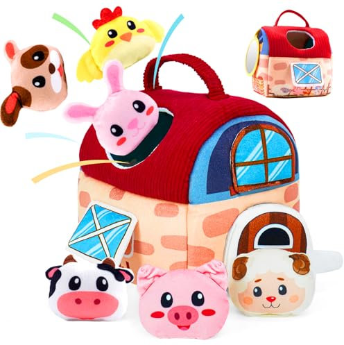 kidmance Montessori Spielzeug ab 1 Jahr, Sensorikspielzeug ab 1 Jahr Bauernhof | Baby Spielzeug aus Baumwolle | Mit Scheune, Rassel & Tierfiguren | Geschenk für Junge Mädchen 1-2 Jahre