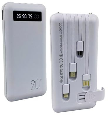 Power Bank 20000mAh, Powerbank USB con 4 Cavi Integrati, Ricarica Veloce, Caricabatteria Portatile 2 Ingressi Batteria Esterna Fast Charge con Torcia LED Compatibile Smartphone Tablet