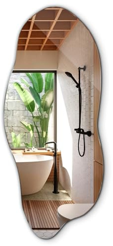 Großer Spiegel Organische Form 45x100 cm Industrieller Stil für Badezimmer Wohnzimmer VorzimmerAsymmetrischer Rahmenlos Minimalistisch Wanddekoration Elegante Wellenförmig zum Aufhängen
