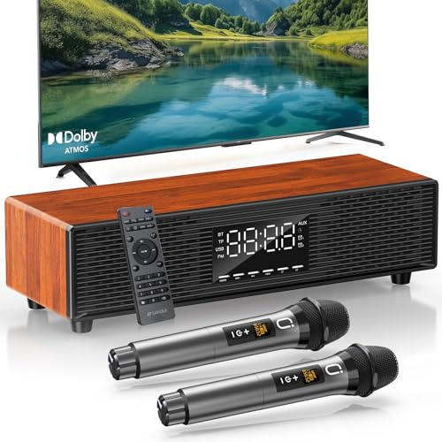 JYX Barra de Sonido de Madera con Doble Micrófono Inalámbrico, Sistema de Karaoke para TV Todo en Uno con Pantalla LED, Bluetooth, AUX, TF, USB, Altavoz de Cine en Casa para Proyector, PC, Smartphone