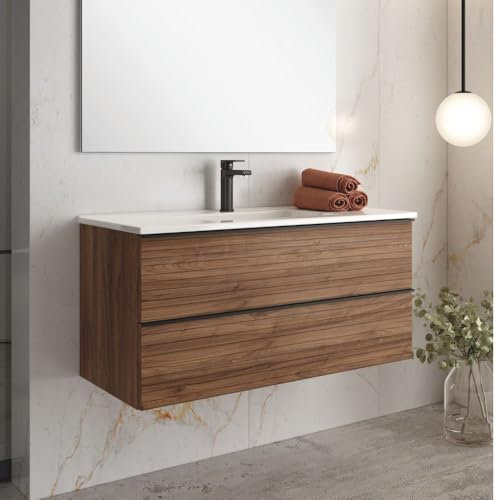 Mueble de baño de Pared 100 cm con 2 cajoneras en Efecto Acanalado Color Nogal - Elius