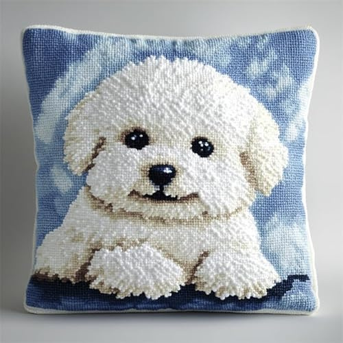 AxiangziK Tier Hund Knüpfkissen Zum Selber Knüpfen,Ein weißer Bichon Frisé,Knüpfen Set Handgemachte Geschenke Knüpfteppich Für Kinder Und Erwachsene Knüpfset,17x17in