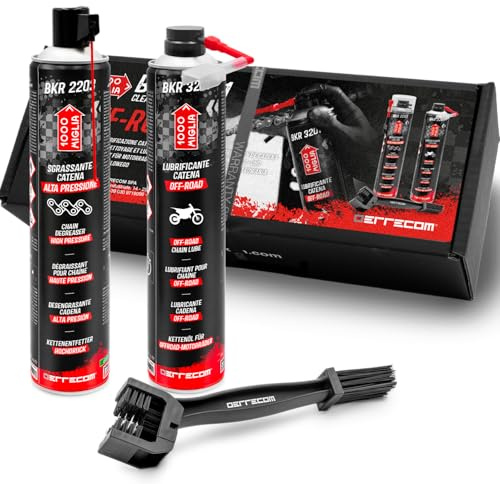 ERRECOM 1000 Miglia Clean&Lube Kit Catena Moto off-Road Include Sgrassante Catena Bombola Alta Pressione 750mL+Lubrificante Catena Moto Fuori Strada 750mL+Huggie System e Prolunga90°+Spazzola+Guanti