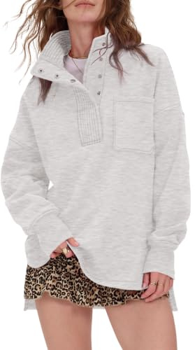 Locachy Womens Casual Oversized Sweatshirt Long Sleeve Button Henley Neck Pullover Tops Fashion Outfits Clothes Light Grey L