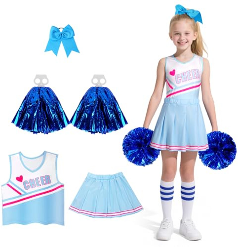 DiULi Vestito Cheerleader Bambina, 5PCS Costumi da Cheerleader, Vestito Cheerleader Bambina, per Carnevale Halloween o Evento Sportive Scuola e Feste (140)