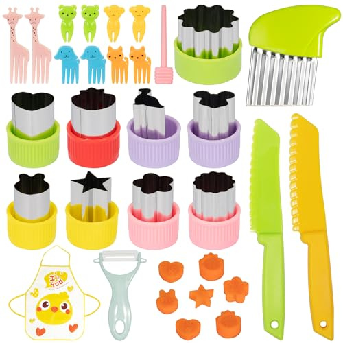 25 Stück Obst Gemüse Ausstechformen Edelstahl Cookie Ausstecher Mini Gemüseschneider Set Kinder mit Wellenschneider,10 Stück Karikatur Zahnstocher, Kindermesser, Kinderschürze
