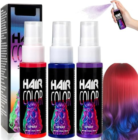 3-Color Temporary Hair Colour Spray for Kids, Washable Hair Dye Spray Perfect for Halloween, Cosplay, Parties, Prom & Festive Events - Easy Wash-Out, Vibrant Red, Blue & Purple Shades