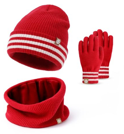 Ensemble Hiver 3 Pièces pour Enfants|Bonnet Thermique + Cache-cou Polaire & Moufles Tactiles (4-10 ans)|Doublure Polaire Souple Anti-Vent,Taille Élastique pour Ski/Jeux de Neige(Vin Rouge)