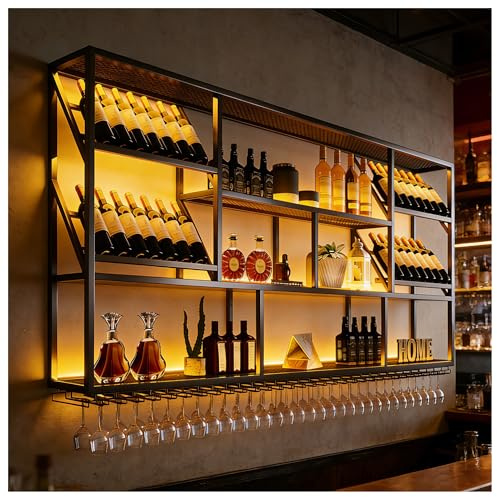 Estante para Vino Montado en la Pared, Soporte Industrial para Bar de Licor de 3 Niveles Copas, Estante Colgante de Metal para Exhibición de Botellas de Vino, Decoración para el Hogar (180cm)
