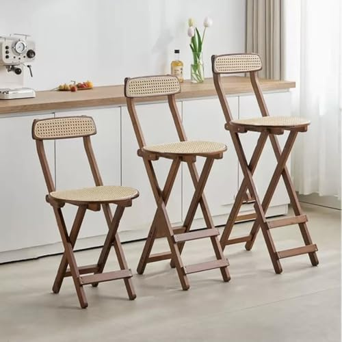 Sgabello da bar pieghevole in bambù con schienale e poggiapiedi, sedia da colazione in rattan, sgabello alto pieghevole per una facile conservazione (marrone, 70 cm)