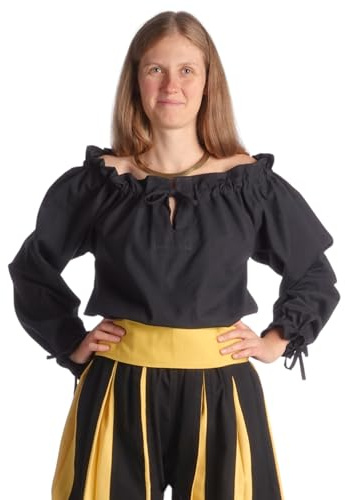 HEMAD Camicetta da donna medievale cotone S-XXL abito camicetta Modello: Gotelinde, Nero , L