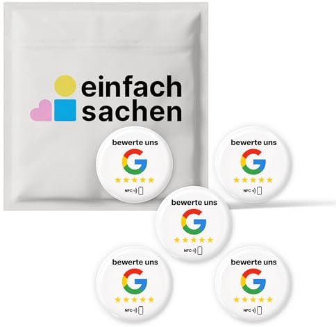 5X NFC Sticker für Google Bewertungen „bewerte Uns“ – Epoxy 3D-Effekt - zum selber programmieren & umprogrammieren - 3 cm Ø - Für Speisekarten, Rechnungsmappen, Mobile Einsätze