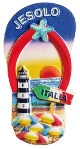 KUSTOM ART Kühlschrankmagnet Italien Jesolo in Form einer Flip-Flops mit Sonnenuntergang und Leuchtturm 3D-Magnet aus Harz Sammlerstück 8 x 4 cm