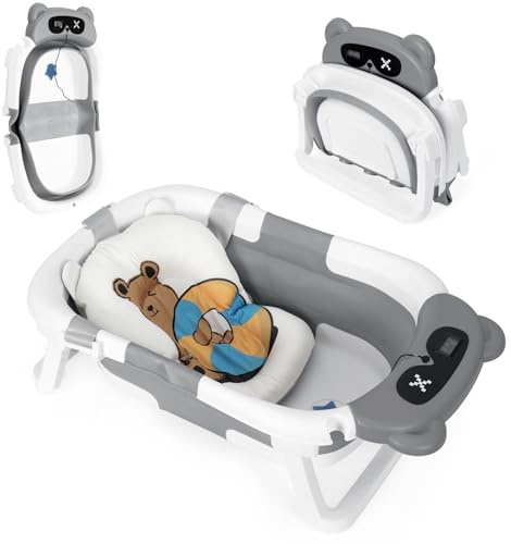 Jaxguom Baby Badewanne Faltbar mit Thermometer & Stützkissen, Platzsparende und Tragbare Babywanne für Neugeborene bis 12 Monate, Rutschsicher und Sicher zum Baden (Grau)