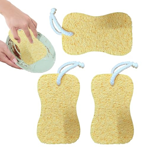 Esponjas Naturales - Estropajo De Fibra Vegetal Natural,Estropajo de 3 Piezas de Pulpa de Madera y Algodón para Lavavajillas, Eliminación de Suciedad, Limpieza del Hogar para Cocina, Baño y Lavado de
