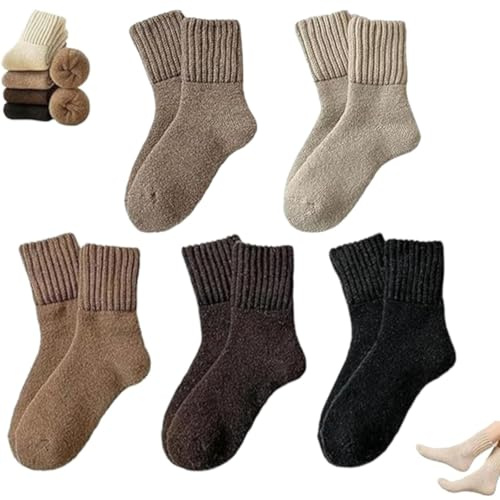 5 pares de calcetines de media pantorrilla para mujer, lana de invierno, cálidos, gruesos, mullidos, cálidos, elegantes, de lana gruesa de invierno, calcetines de cama largos y gruesos para mujer