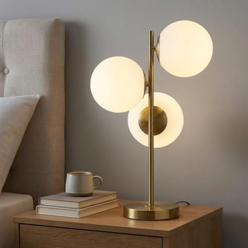 B·LED BARCELONA LED Lampe de table ROM avec triple boule en verre opalin Ø15 cm, design moderne en doré, compatible ampoules E27, idéale pour salon, chambre, bureau, chevet