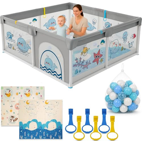 Parque Infantil Bebe 120x120cm + Alfombra Bebe + 60 Bolas + Agarraderas + Bolsas de Transporte – Corralito Bebe con Malla Transpirable – Parque de Juegos Bebe – Playpen Bebe (120x120 cm)