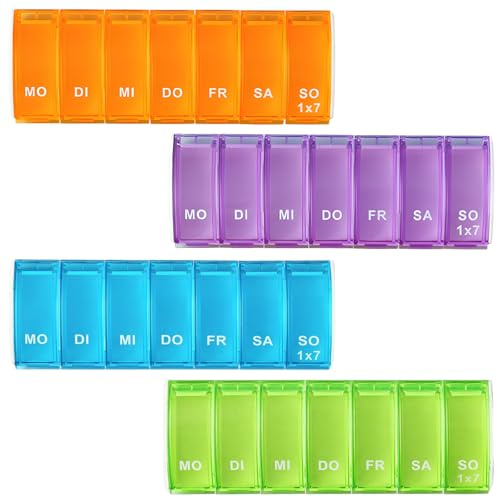 BaZuyunMd 4 Stücke Tablettenbox 7 Tage Klein,Pillendose 7 Tage Klein,Tragbare Medikamentenbox,Tablettenorganizer(Hellgrün, Himmelblau, Violett, Orange)
