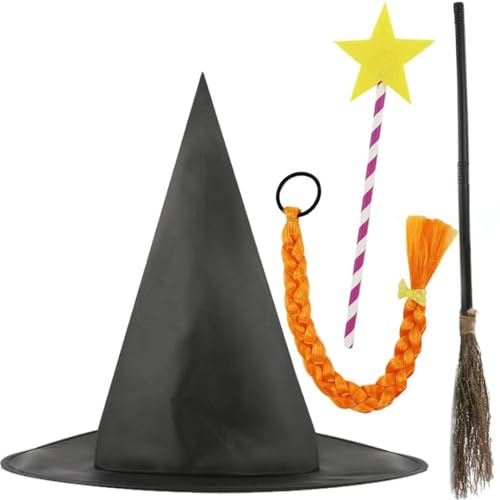 Adults Kind Witch Costume Set with Hat Broomstick Wand and Plait – Storybook Inspired Magic Costume Accessories for Teachers Book Week World Book Day Halloween and Dress Up Parties