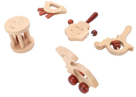 Focket Sonajero para bebé, Madera Natural, Masticación Segura, Diseño Multifuncional de Campanilla, Juguetes para Bebés de 0 a 6 Meses, Juguetes de Madera para Bebés con Juego de 5 Piezas