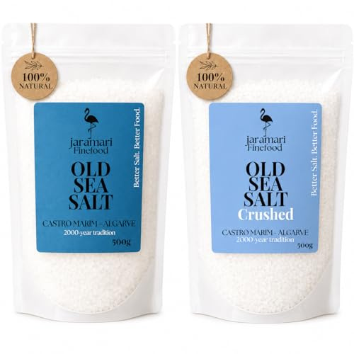 jaramari® Old Sea Salt & Old Sea Salt Crushed Set 2 x 500g – grobes Meersalz & gebrochenes Meersalz aus Portugal | naturbelassen & unraffiniert | mineralreiches Atlantik-Meersalz