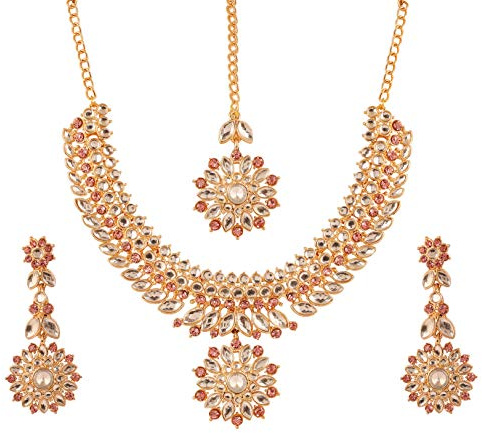 Touchstone Beispielhafte Mughal Ära inspiriert Kundan Polki Look Faux Perlen Smaragdblau Saphir Paisley Motiv Braut Designer Hasli Halskette Set für Damen