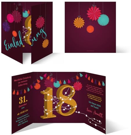 Kartenmachen.de Individuelle Geburtstagseinladungen zum 18. Geburtstag personalisierte Einladungskarten ab 10 bis 100 Stück selbst gestalten Quadrat 155x155mm Altarfalz - Girlande