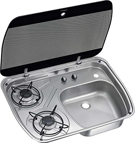 DOMETIC HSG 2445 Kochfeld und Spüle, Kombination aus 2-flammigem Gas-Herd und Waschbecken mit Glasdeckel, 600 x 445 mm, für Wohnwagen, Boot, Caravan und Wohnmobil